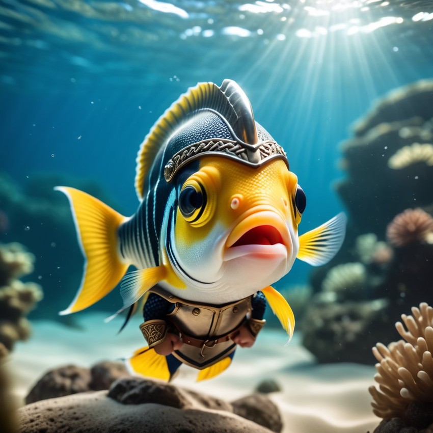 angelfish fish as a viking, wearing traditional armor and helmet, set in a detailed viking environment.