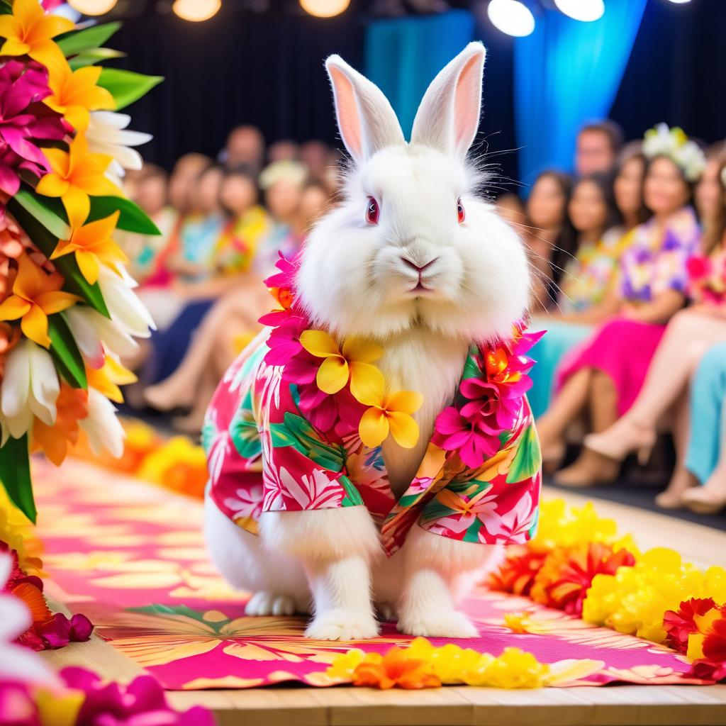 english angora rabbit strutting down the fashion show catwalk stage in a vibrant hawaiian shirt and a floral lei, high energy and joyful.