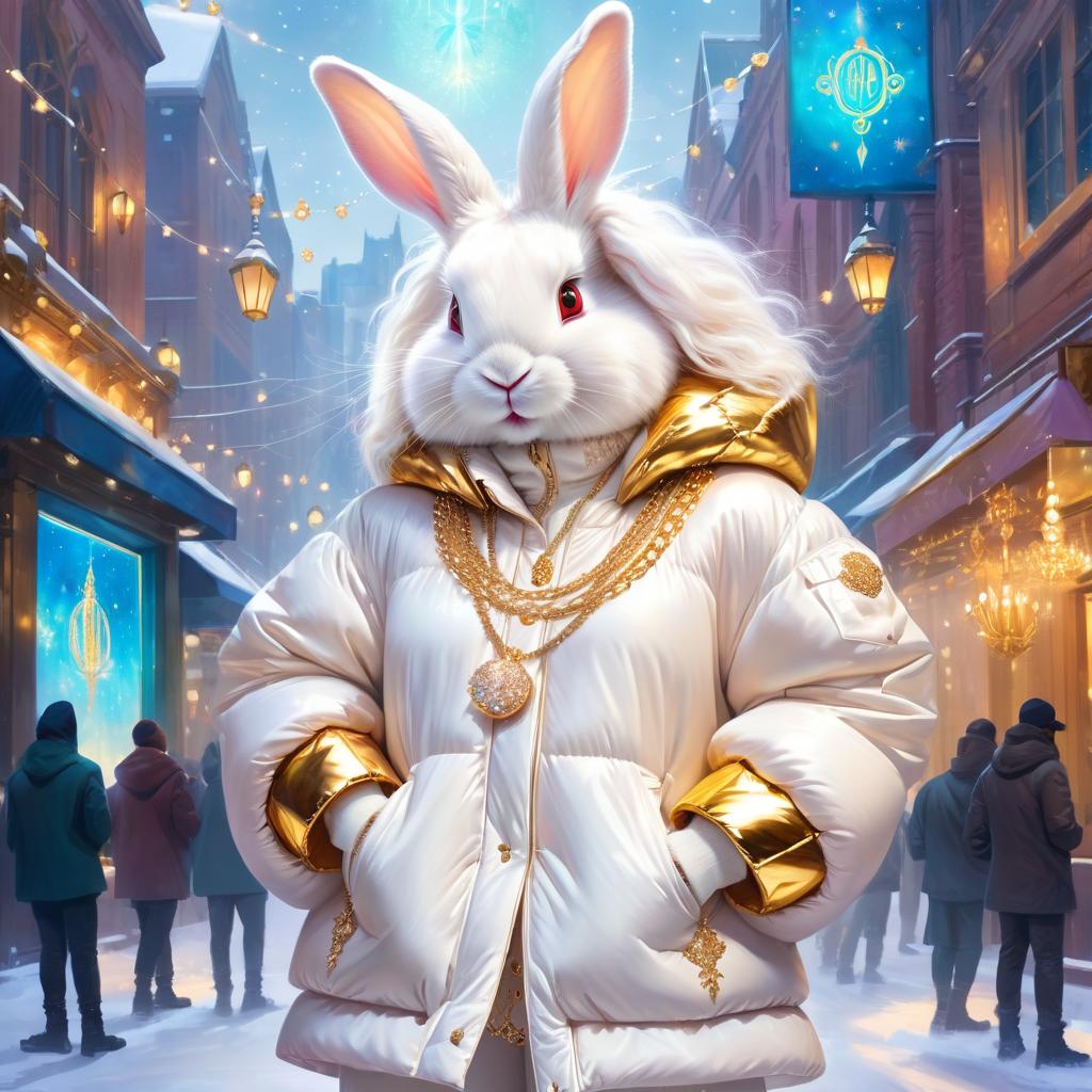 english angora rabbit in a white puffer coat with golden hip hop chains, in a posh urban environment, looking cute and happy.