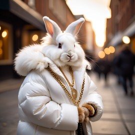 english angora rabbit in a large white puffer coat with golden hip hop chains, set in a posh urban environment.