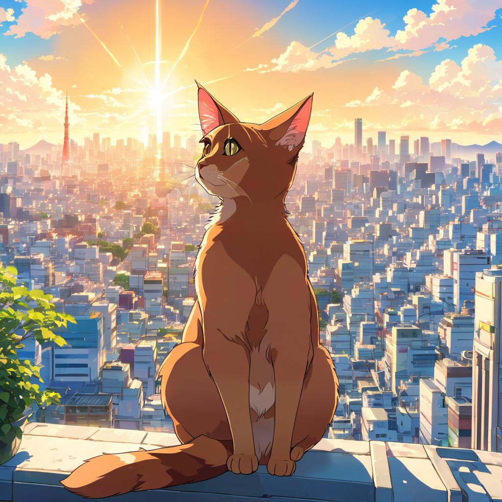 anime artwork of abyssinian cat in tokyo on a sunny day with clear blue skies and cityscape background.