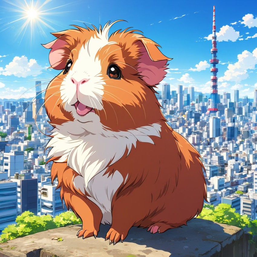 anime artwork of abyssinian guinea pig in tokyo on a sunny day with clear blue skies and cityscape background.