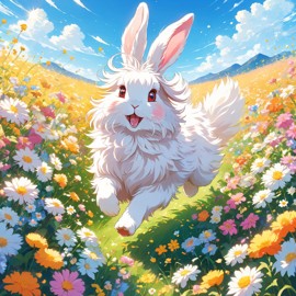 anime artwork of english angora rabbit running through a vibrant field of flowers with clear blue skies.