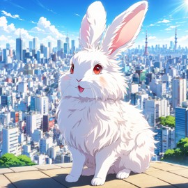 anime artwork of english angora rabbit in tokyo on a sunny day with clear blue skies and cityscape background.