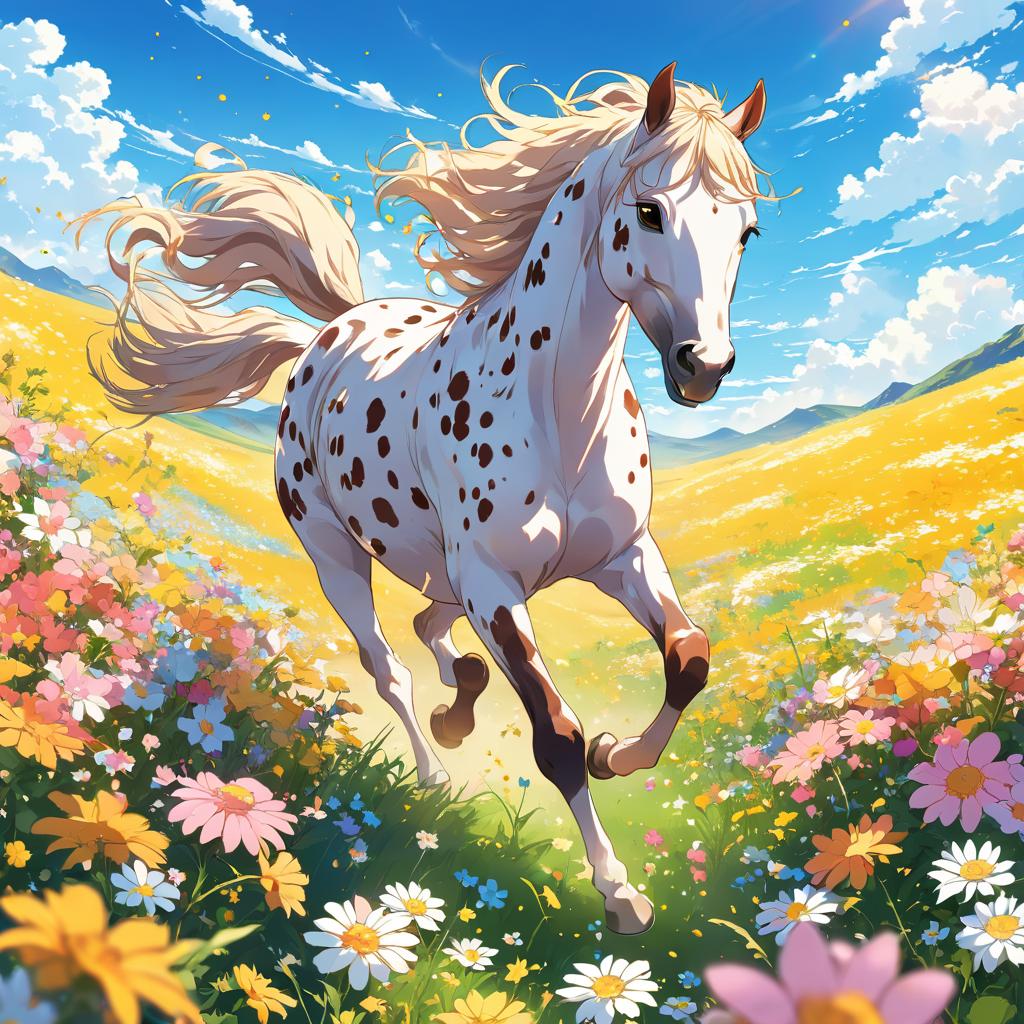 anime artwork of appaloosa horse running through a vibrant field of flowers with clear blue skies.