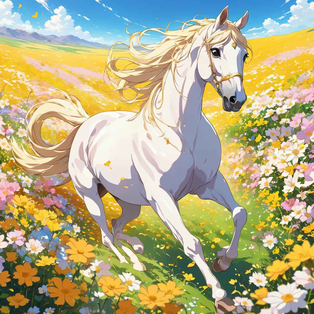 anime artwork of arabian horse running through a vibrant field of flowers with clear blue skies.