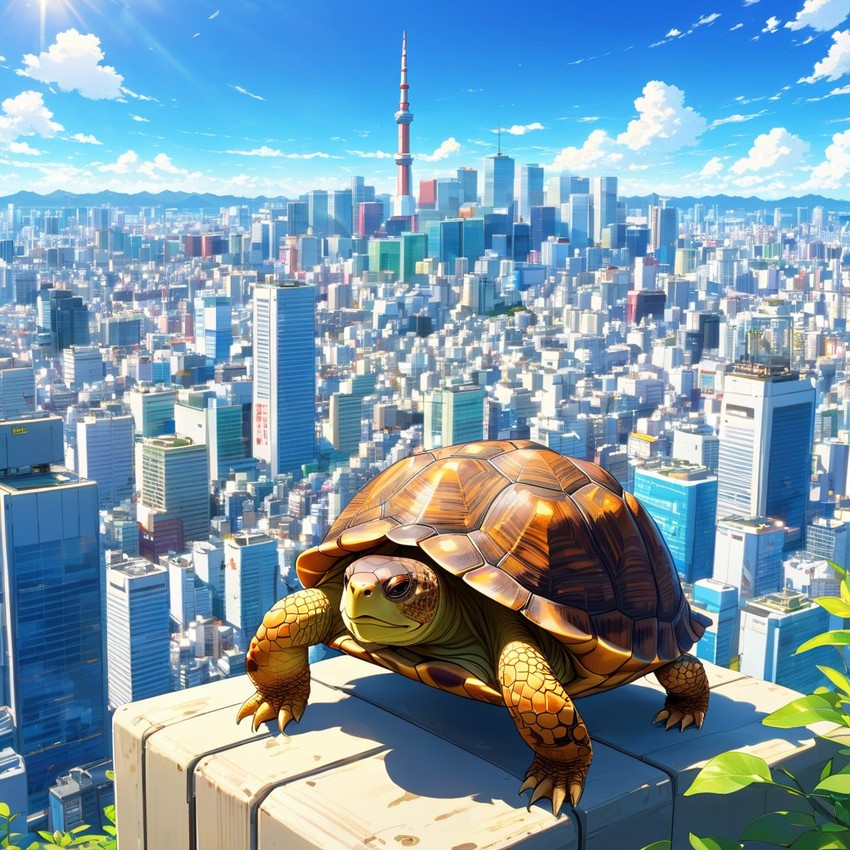 anime artwork of box turtle turtle/tortoise in tokyo on a sunny day with clear blue skies and cityscape background.