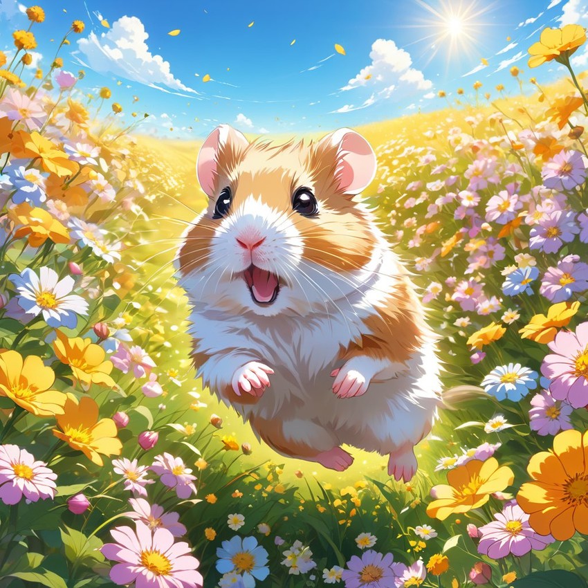 anime artwork of dwarf campbell russian hamster running through a vibrant field of flowers with clear blue skies.