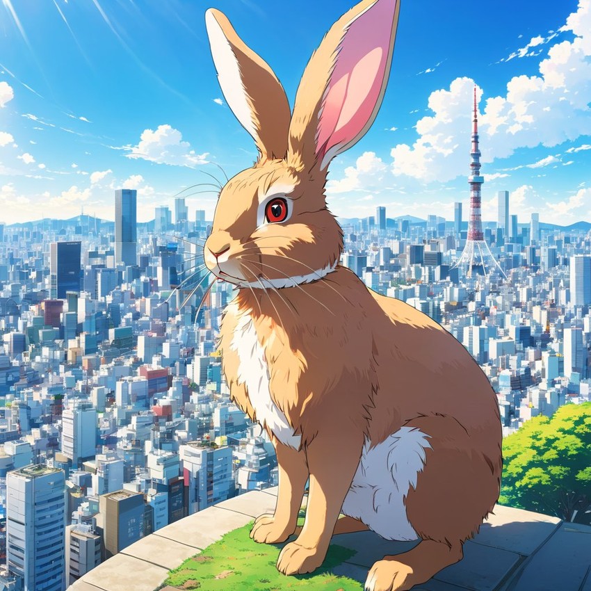 anime artwork of flemish giant rabbit in tokyo on a sunny day with clear blue skies and cityscape background.