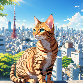 anime-artwork-of-bengal-cat-in-tokyo-on-a-sunny-day-with-clear-blue-skies-and-cityscape-background-1d1093d007e543d2b39685d5948deb0d