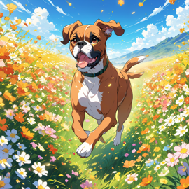 anime-artwork-of-boxer-running-through-a-vibrant-field-of-flowers-with-clear-blue-skies-c92543f9d25940ef9306643d184161d9