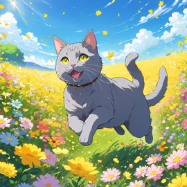 anime-artwork-of-chartreux-cat-running-through-a-vibrant-field-of-flowers-with-clear-blue-skies-1b0374fca67243d68bc511afbc3de307