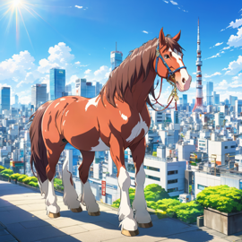 anime-artwork-of-clydesdale-horse-in-tokyo-on-a-sunny-day-with-clear-blue-skies-and-cityscape-background-bf9cda6598b145adabbf1c5e09e0402b