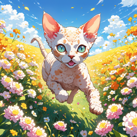 anime-artwork-of-devon-rex-cat-running-through-a-vibrant-field-of-flowers-with-clear-blue-skies-80d7729604634d5abd18fb2384625da6