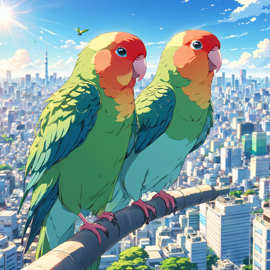 anime-artwork-of-lovebird-bird-in-tokyo-on-a-sunny-day-with-clear-blue-skies-and-cityscape-background-9a95c3d6e6f74939be6d466a6d69c376