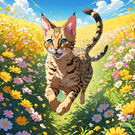 anime-artwork-of-savannah-cat-running-through-a-vibrant-field-of-flowers-with-clear-blue-skies-09621258062c4dfcb2dc5dedd00a3035