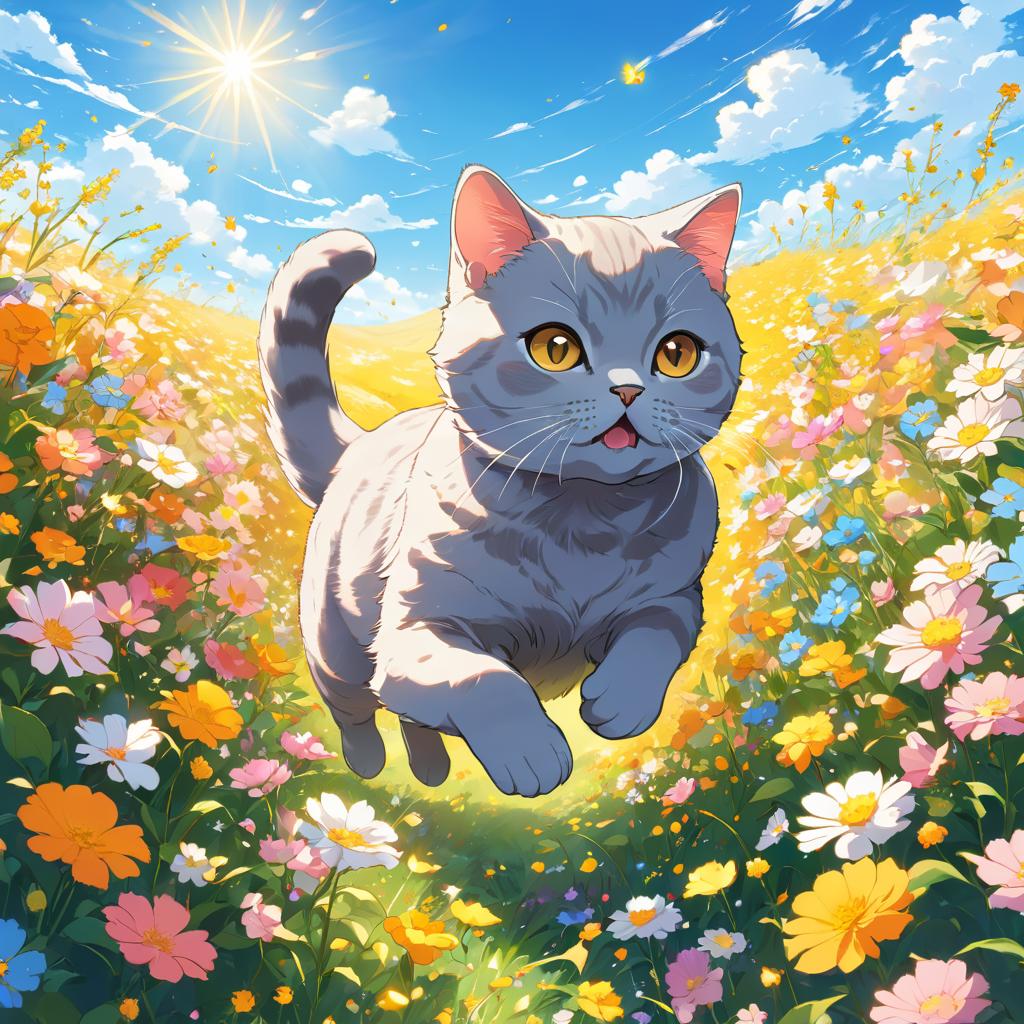 anime artwork of british shorthair cat running through a vibrant field of flowers with clear blue skies.