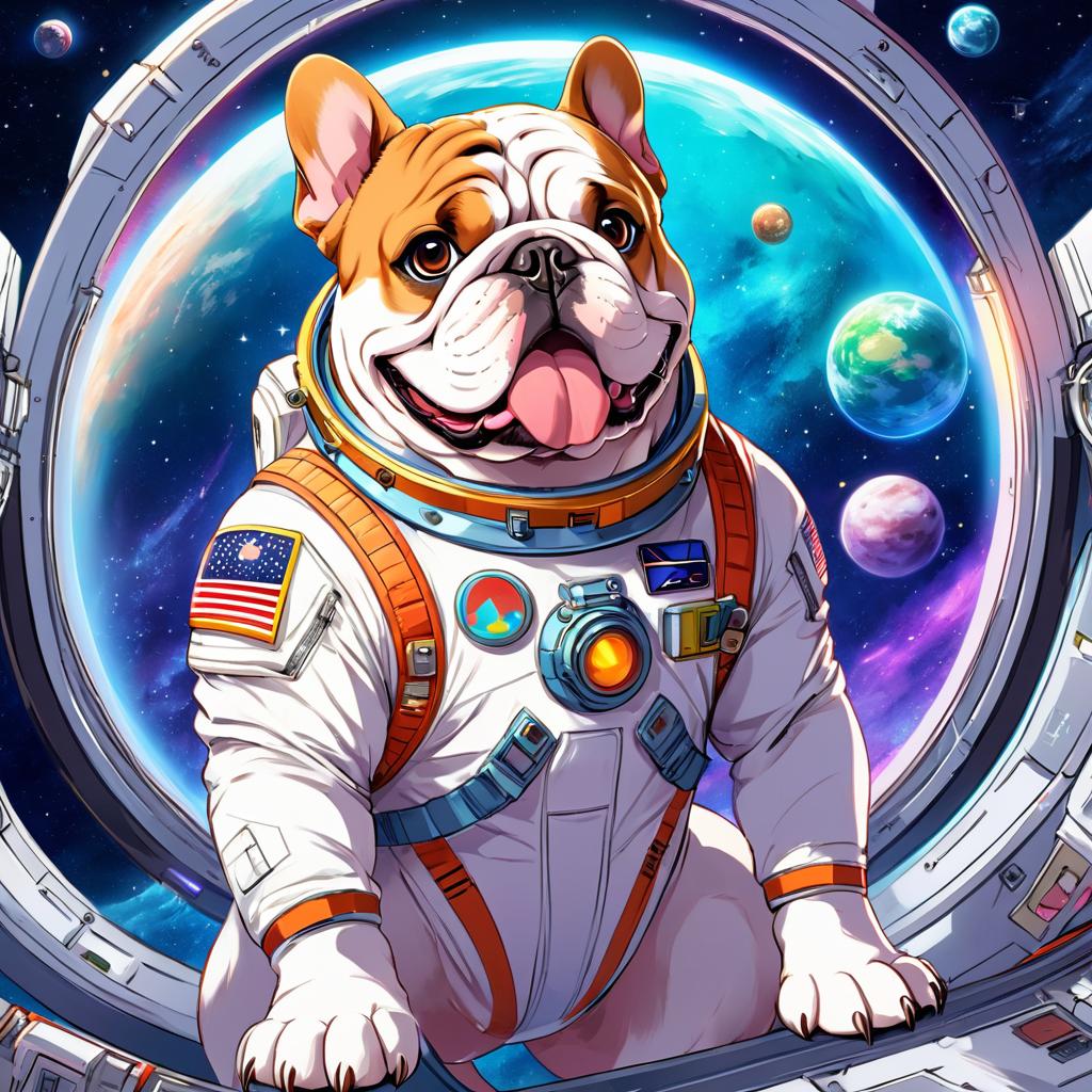 anime illustration of bulldog as astronaut in space, wearing spacesuit, vibrant and detailed.