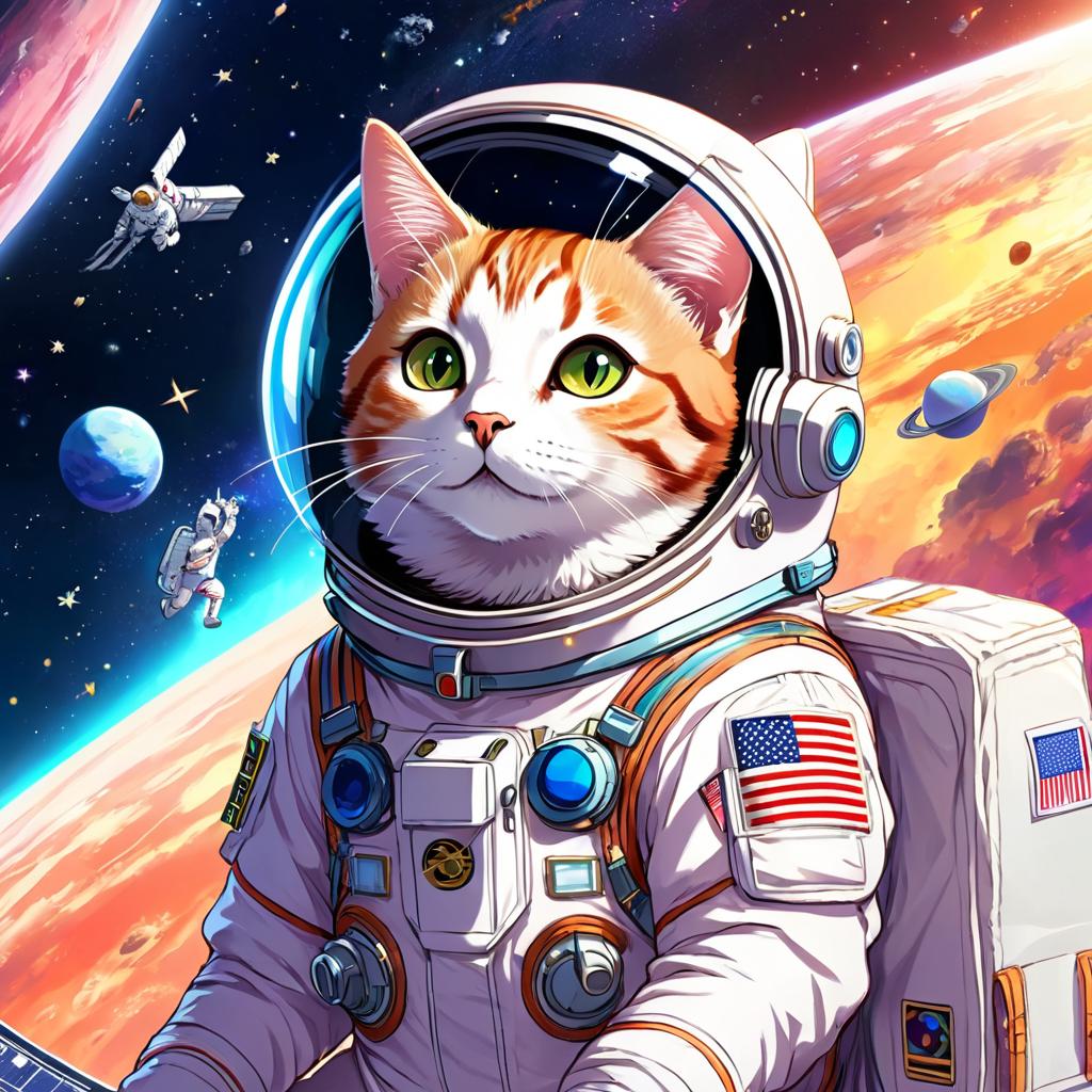 anime illustration of domestic shorthair cat as astronaut in space, wearing spacesuit, vibrant and detailed.