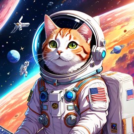 anime illustration of domestic shorthair cat as astronaut in space, wearing spacesuit, vibrant and detailed.