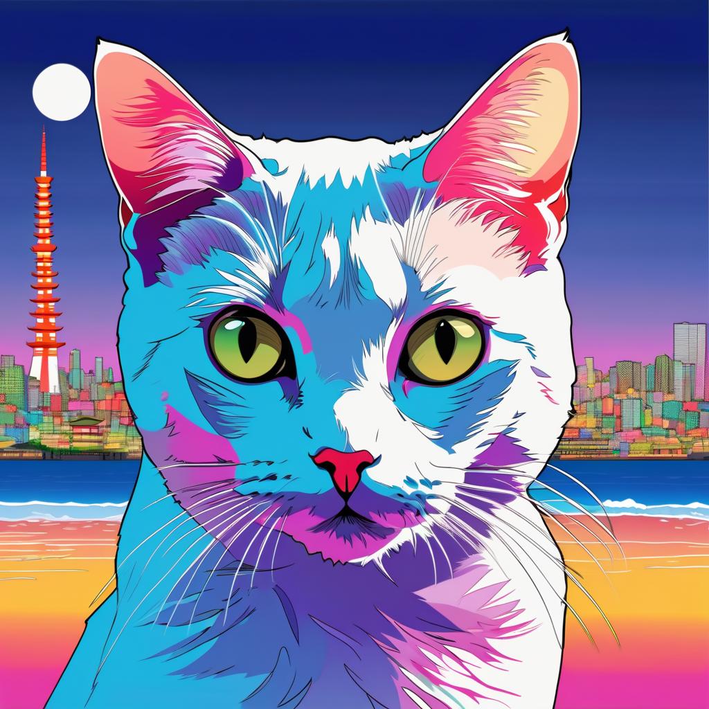 anime artwork of domestic shorthair cat in city pop style, retro vaporwave, night view, summer beach scene.