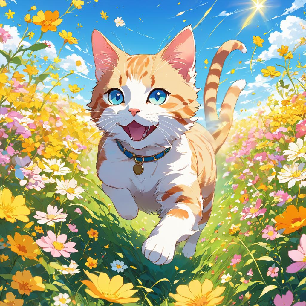 anime artwork of domestic shorthair cat running through a vibrant field of flowers with clear blue skies.