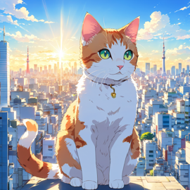 anime artwork of domestic shorthair cat in tokyo on a sunny day with clear blue skies and cityscape background.