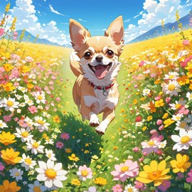 anime artwork of chihuahua running through a vibrant field of flowers with clear blue skies.