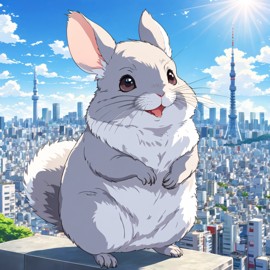 anime artwork of standard grey chinchilla in tokyo on a sunny day with clear blue skies and cityscape background.