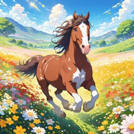 anime artwork of clydesdale horse running through a vibrant field of flowers with clear blue skies.