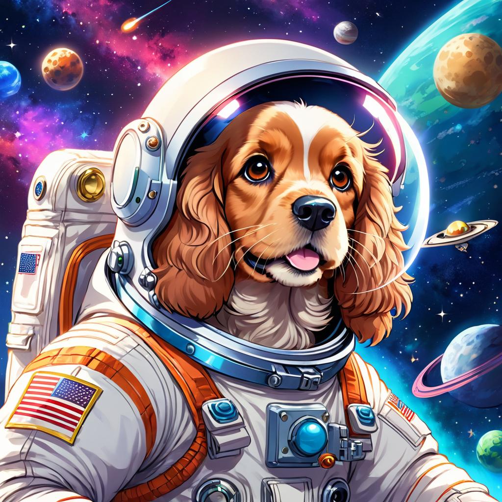 anime illustration of cocker spaniel as astronaut in space, wearing spacesuit, vibrant and detailed.