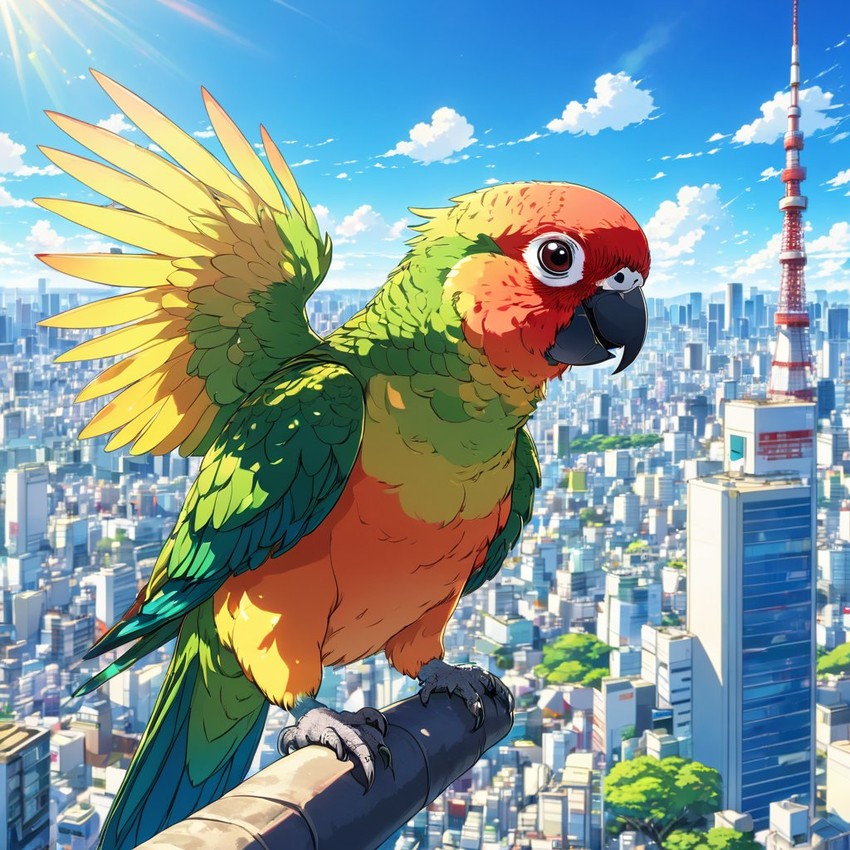 anime artwork of conure bird in tokyo on a sunny day with clear blue skies and cityscape background.