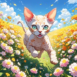 anime artwork of devon rex cat running through a vibrant field of flowers with clear blue skies.