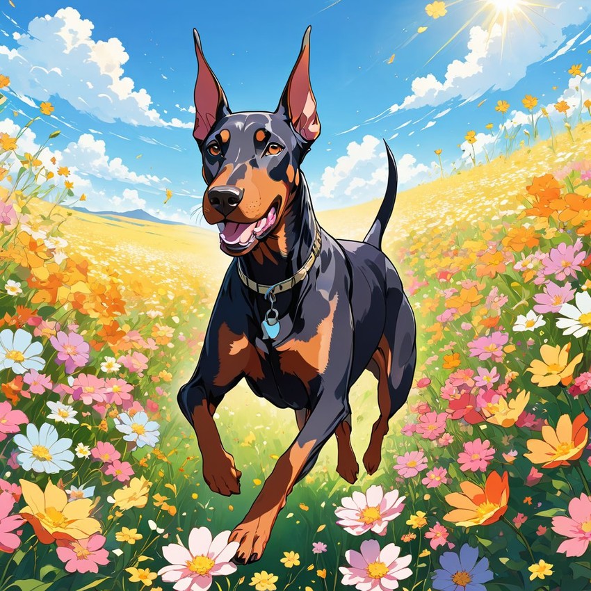 anime artwork of doberman pinscher running through a vibrant field of flowers with clear blue skies.