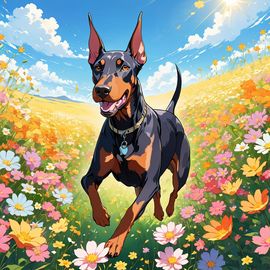 anime-doberman-pinscher-vibrant-field-flowers-blue-skies-22f6db0a387f4146becd7b096eca5d3c