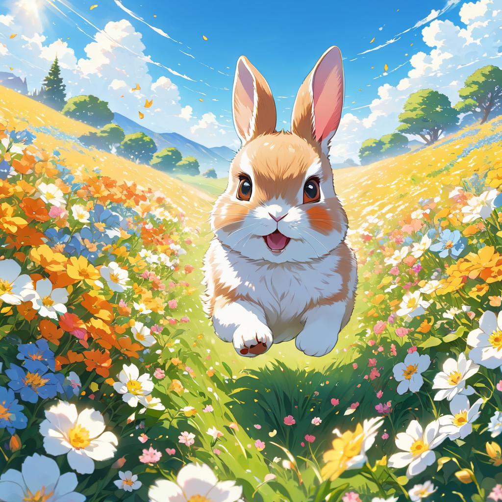 anime artwork of netherland dwarf rabbit running through a vibrant field of flowers with clear blue skies.