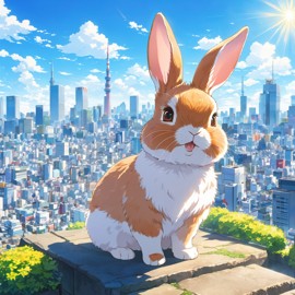 anime artwork of netherland dwarf rabbit in tokyo on a sunny day with clear blue skies and cityscape background.