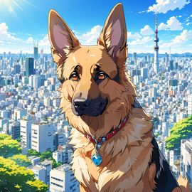 anime artwork of german shepherd in tokyo on a sunny day with clear blue skies and cityscape background.