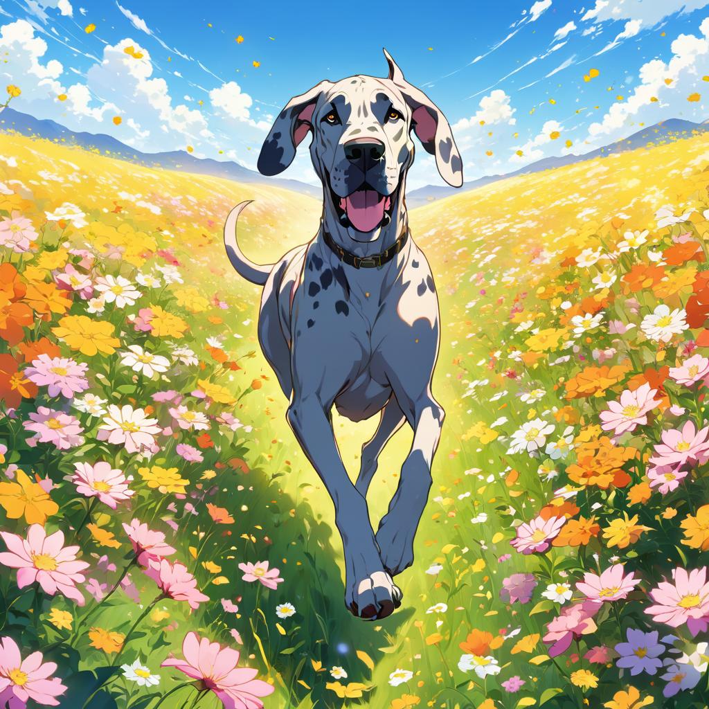 anime artwork of great dane running through a vibrant field of flowers with clear blue skies.