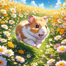 anime artwork of syrian hamster running through a vibrant field of flowers with clear blue skies.