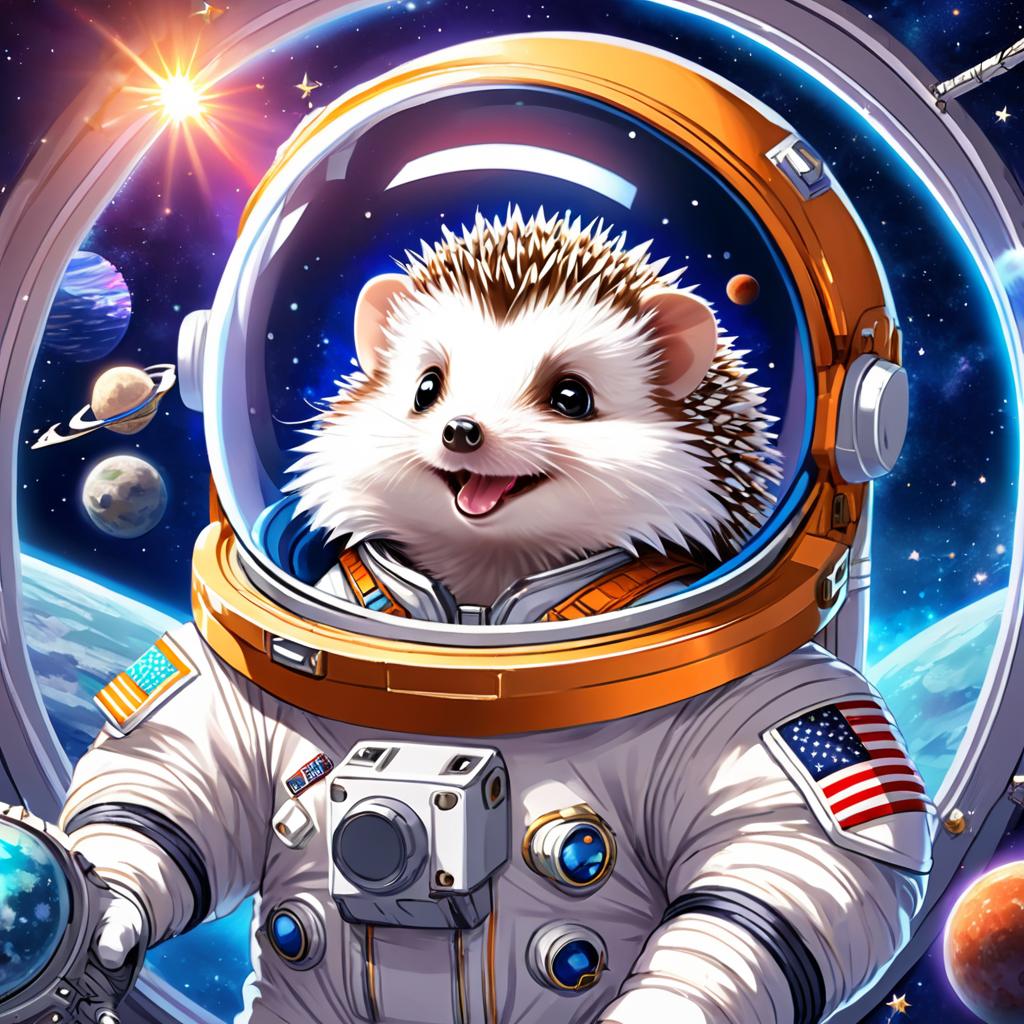 anime illustration of african pygmy hedgehog as astronaut in space, wearing spacesuit, vibrant and detailed.