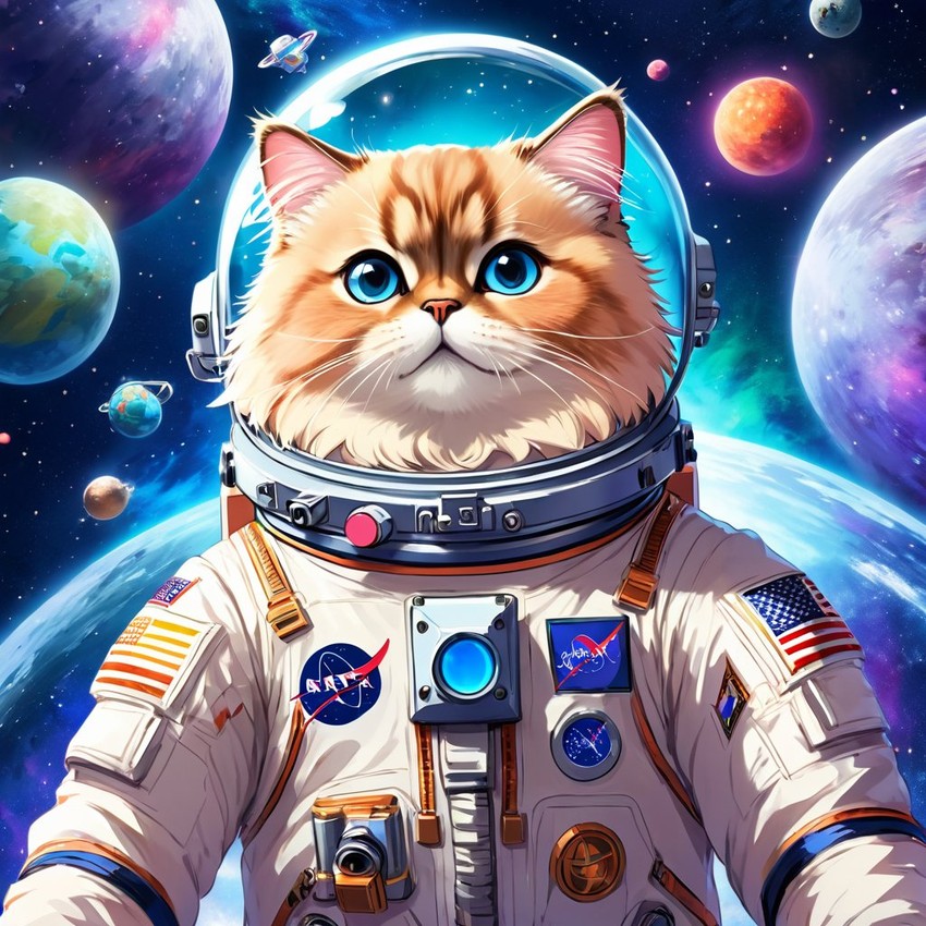 anime illustration of himalayan cat as astronaut in space, wearing spacesuit, vibrant and detailed.