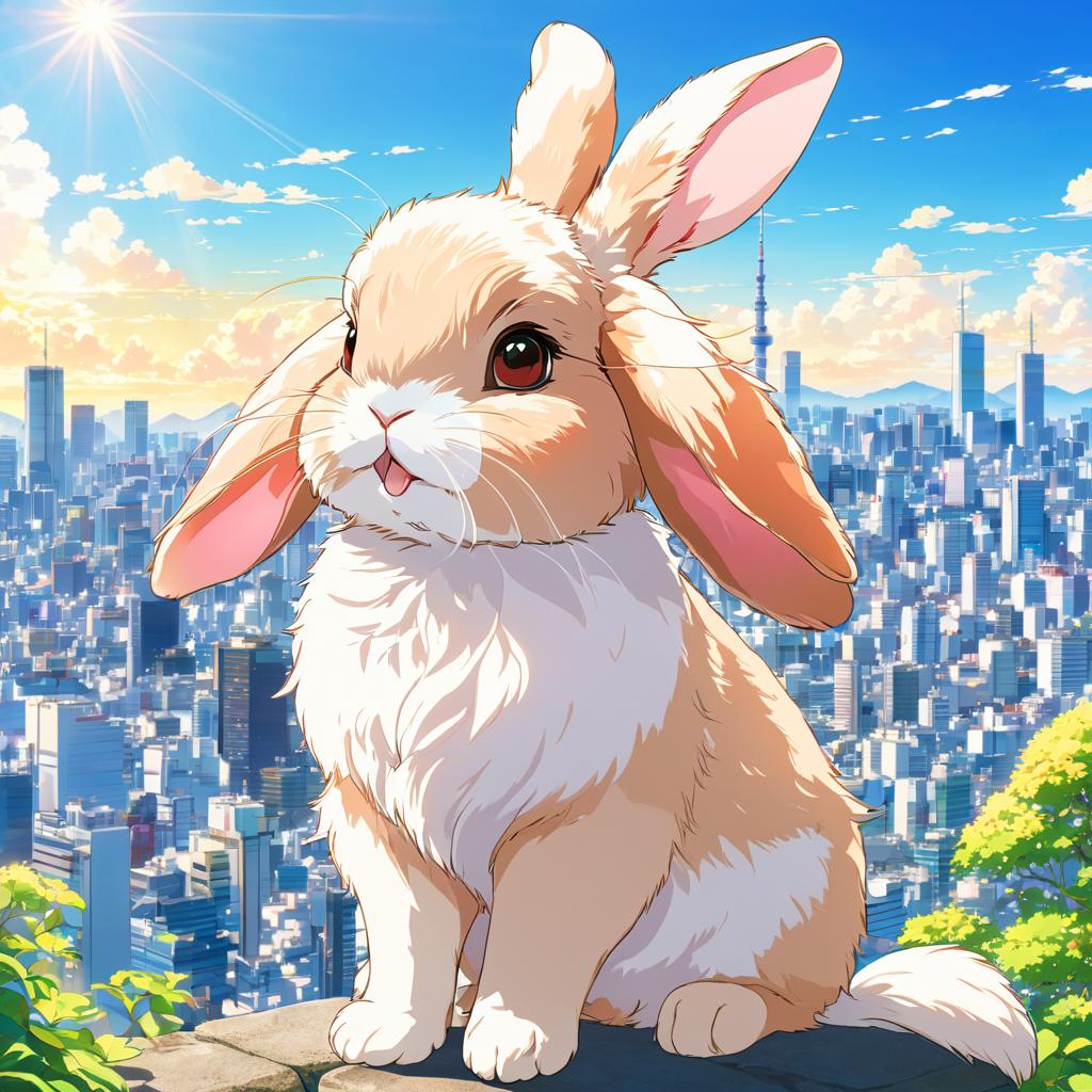 anime artwork of holland lop rabbit in tokyo on a sunny day with clear blue skies and cityscape background.