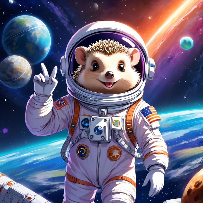 anime illustration of european hedgehog as astronaut in space, wearing spacesuit, vibrant and detailed.