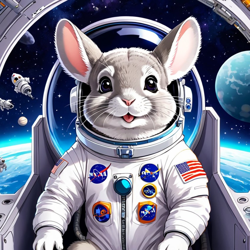 anime illustration of standard grey chinchilla as astronaut in space, wearing spacesuit, vibrant and detailed.