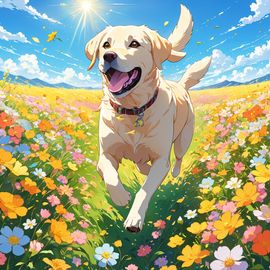 anime artwork of labrador retriever running through a vibrant field of flowers with clear blue skies.