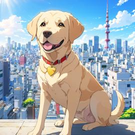 anime artwork of labrador retriever in tokyo on a sunny day with clear blue skies and cityscape background.