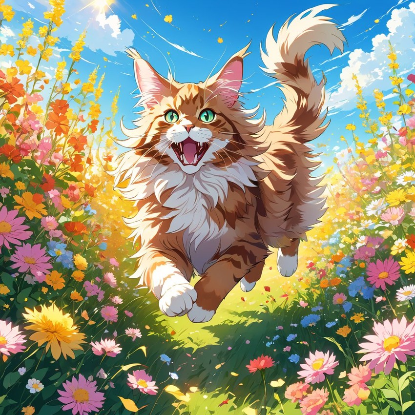 anime artwork of maine coon cat running through a vibrant field of flowers with clear blue skies.