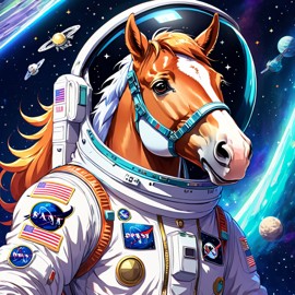 anime illustration of paint horse horse as astronaut in space, wearing spacesuit, vibrant and detailed.