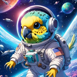 anime illustration of parakeet (budgerigar) bird as astronaut in space, wearing spacesuit, vibrant and detailed.